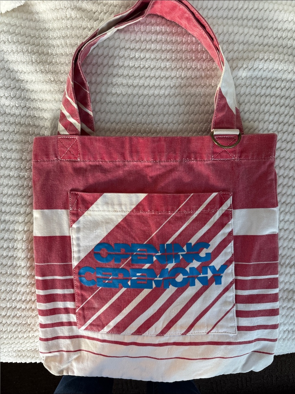 Opening Ceremony Red & White Striped Canvas Tote with Blue Logo